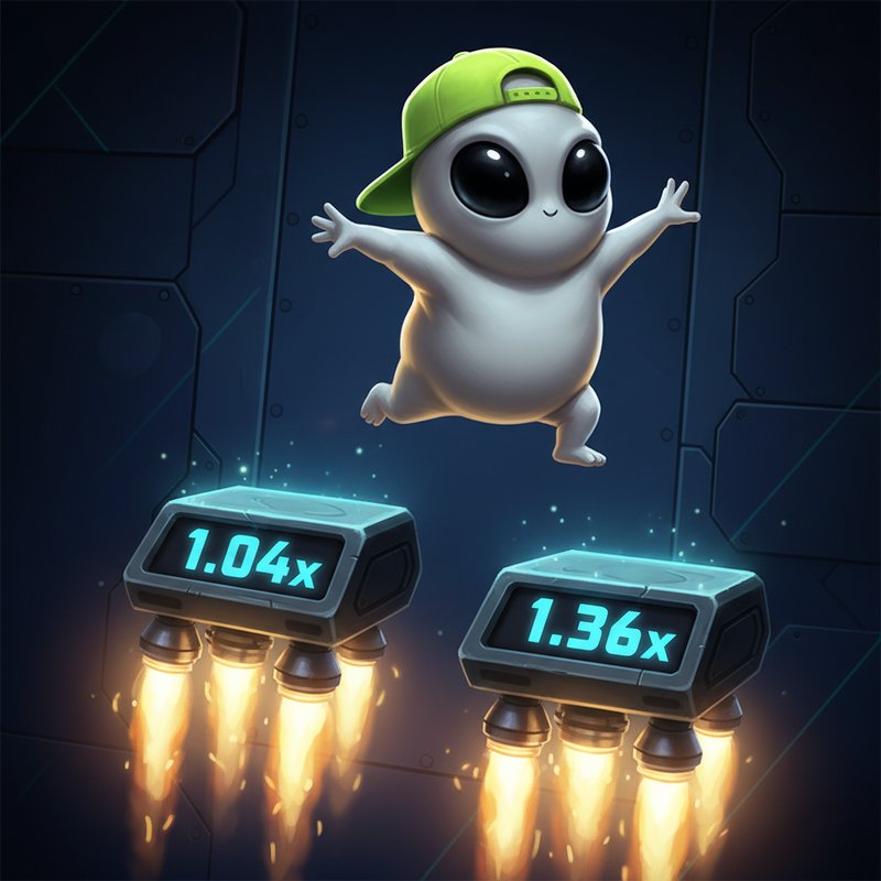 Jumper slot par InOut Games - alien cartoon avec casquette verte sautant entre plateformes métalliques flottantes avec jets de fusée et affichages de multiplicateurs cyan lumineux dans vaisseau spatial industriel sombre